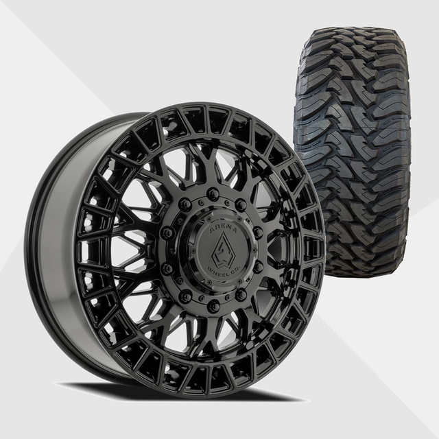 Arena A127 Innovator Gloss Black 22x8.25 8x200 with Toyo Tires Open Country M/T 33x12.50R22 Dually Package