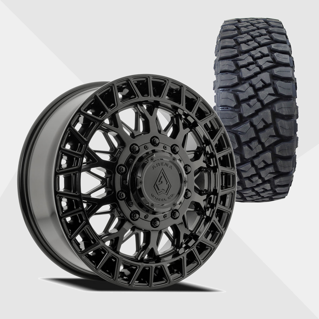 Arena A127 Innovator Gloss Black 22x8.25 10x225 with Toyo Tires Open Country R/T Pro 35x12.50R22 Dually Package