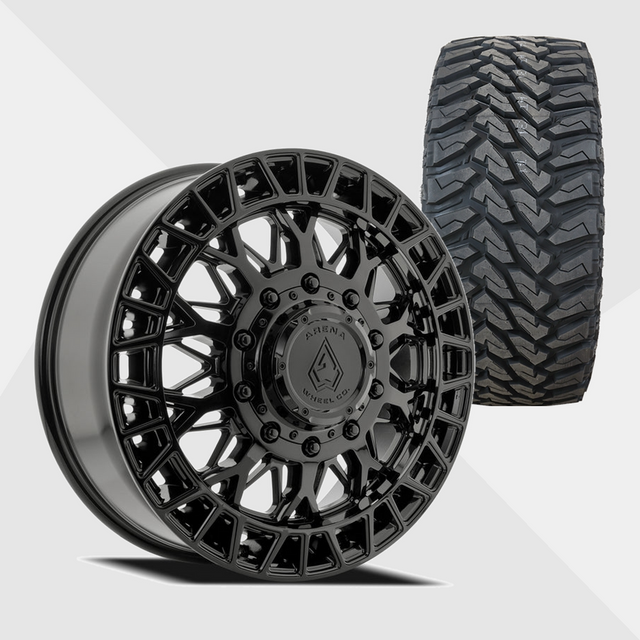 Arena A127 Innovator Gloss Black 22x8.25 8x200 with Venom Power Tires Terra Hunter M/T 33x12.50R22 Dually Package