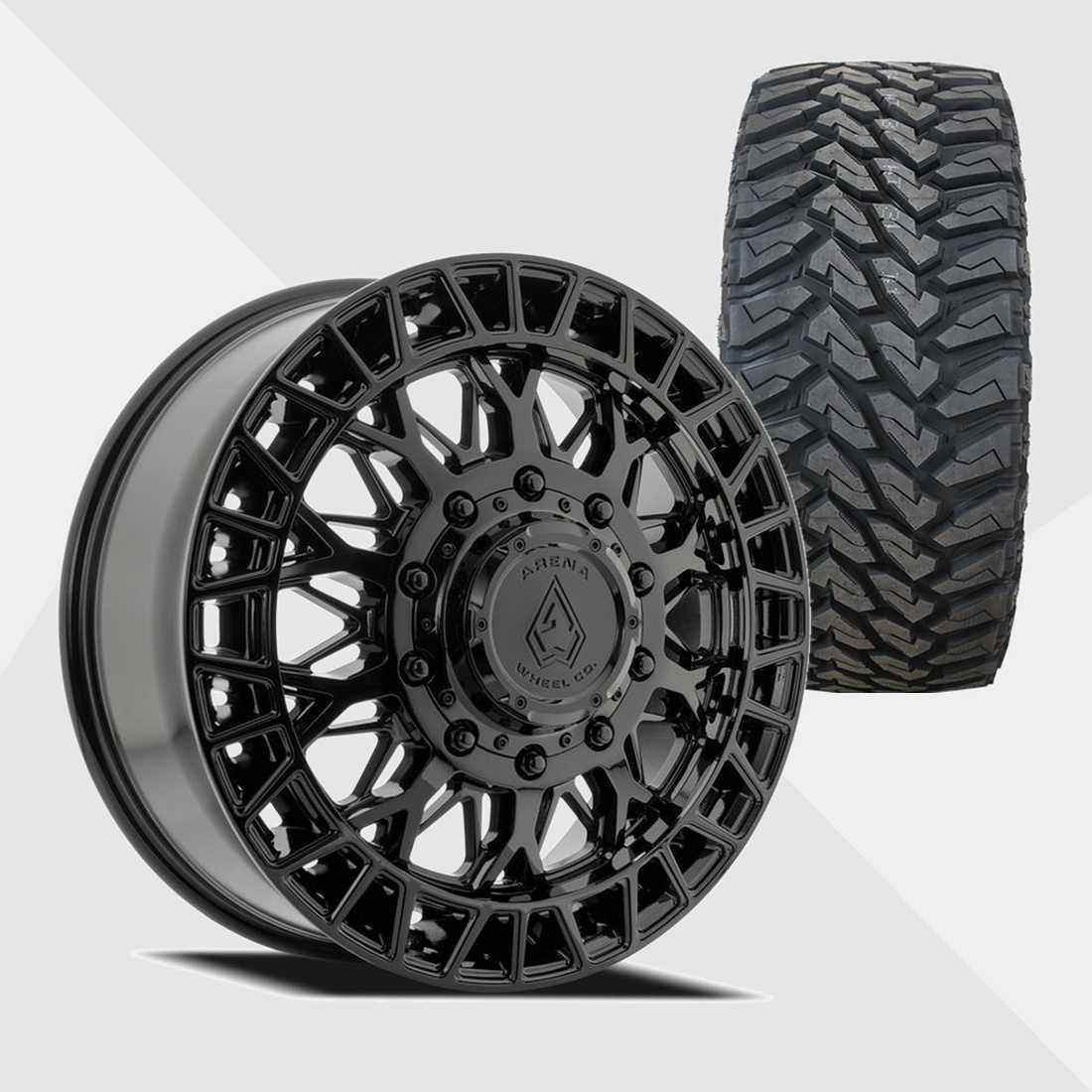 Arena A127 Innovator Gloss Black 22x8.25 8x210 with Venom Power Tires Terra Hunter M/T 33x12.50R22 Dually Package