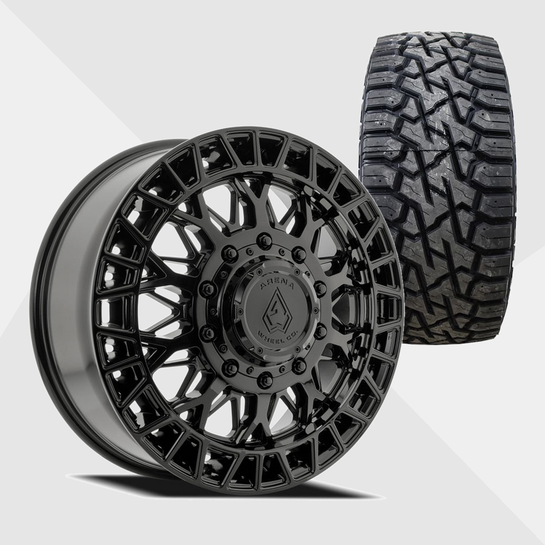 Arena A127 Innovator Gloss Black 22x8.25 8x210 with Venom Power Tires Trail Hunter R/T 33x12.50R22 Dually Package