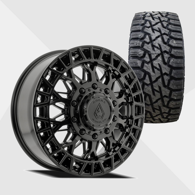 Arena A127 Innovator Gloss Black 22x8.25 8x210 with Venom Power Tires Trail Hunter R/T 33x12.50R22 Dually Package