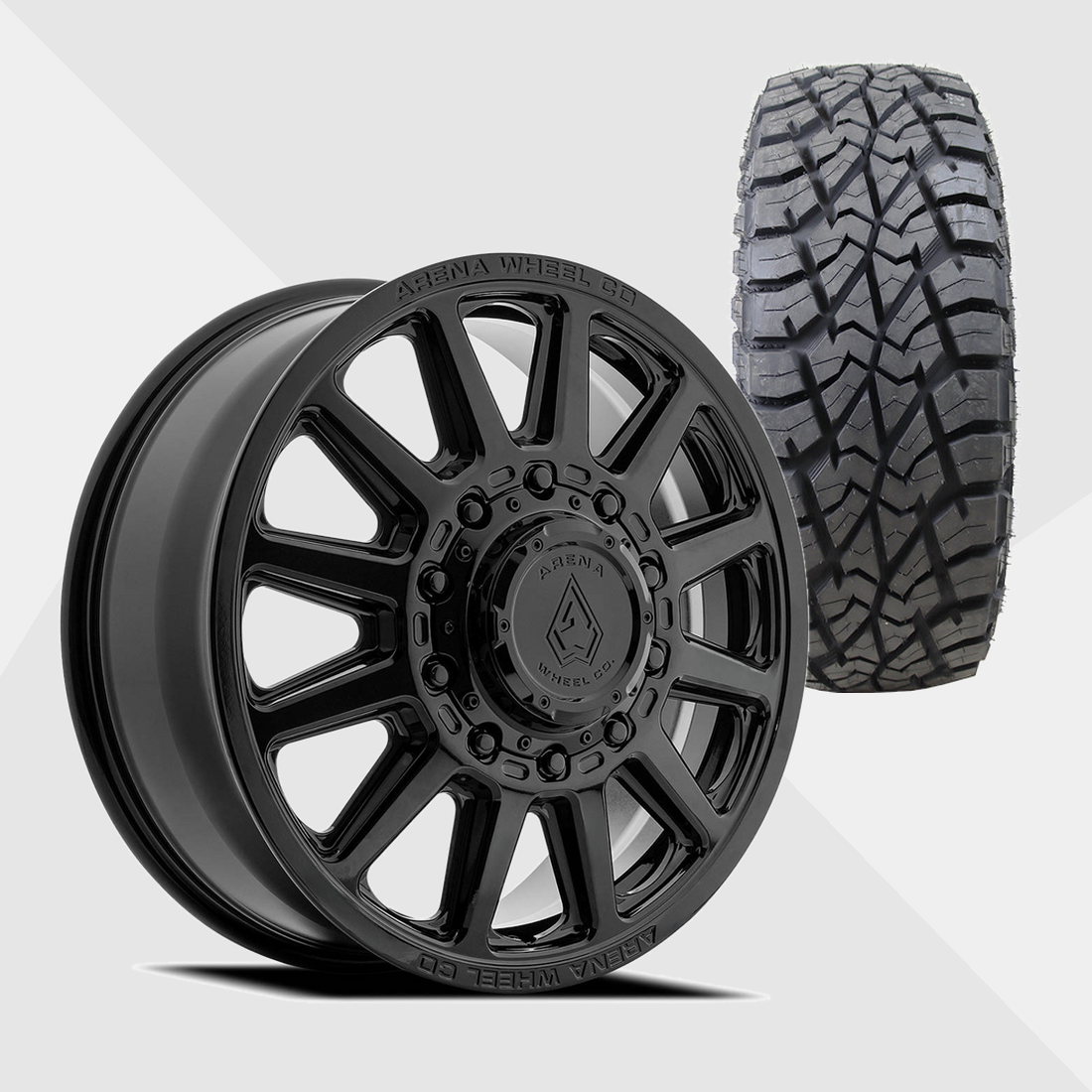Arena A128 Enduro Gloss Black 22x8.25 10x225 with AMP Tires Terrain Attack R/T 35x12.50R22 Dually Package