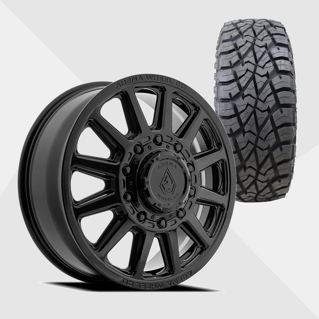Arena A128 Enduro Gloss Black 22x8.25 10x225 with AMP Tires Terrain Attack R/T 35x12.50R22 Dually Package