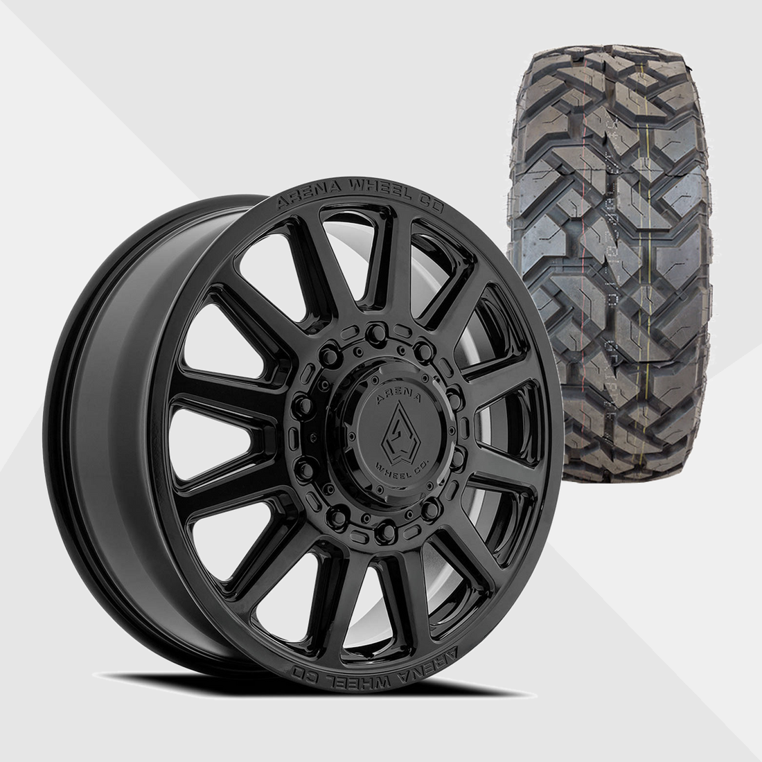 Arena A128 Enduro Gloss Black 22x8.25 10x225 with Fuel Tires Gripper X/T 35x12.50R22 Dually Package