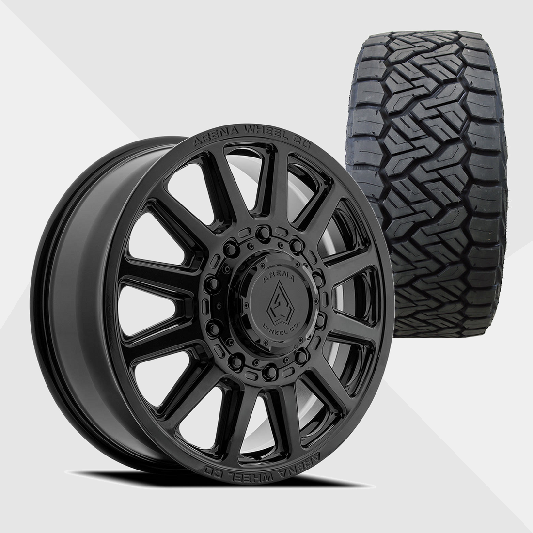 Arena A128 Enduro Gloss Black 22x8.25 10x225 with Nitto Tires Recon Grappler A/T 325/50R22 Dually Package