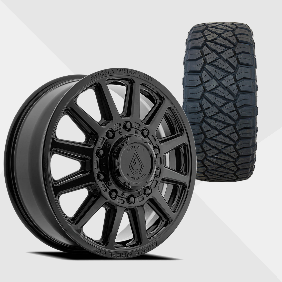 Arena A128 Enduro Gloss Black 22x8.25 10x225 with Nitto Tires Ridge Grappler 285/55R22 Dually Package