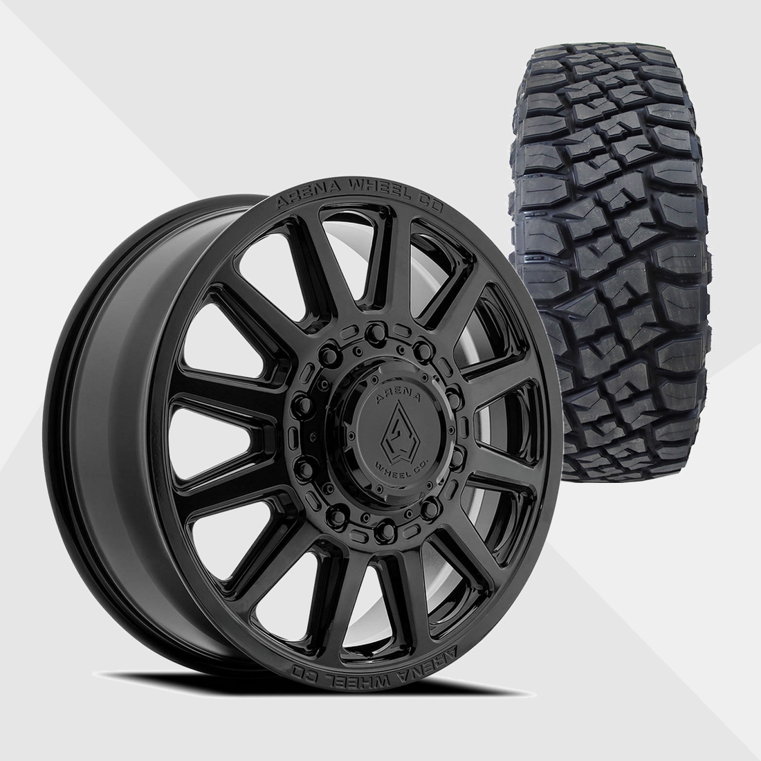 Arena A128 Enduro Gloss Black 22x8.25 10x225 with Toyo Tires Open Country R/T Pro 35x12.50R22 Dually Package