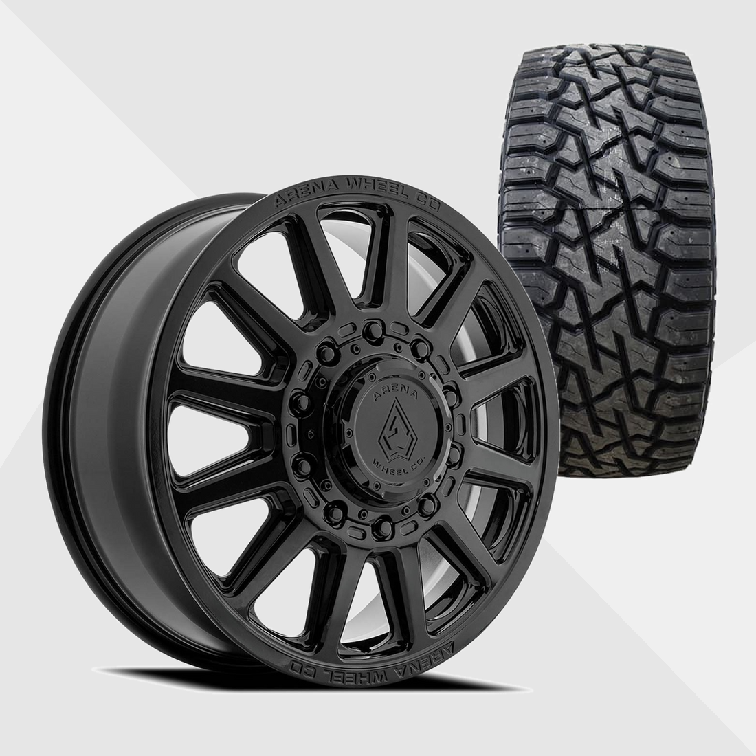 Arena A128 Enduro Gloss Black 22x8.25 10x225 with Venom Power Tires Trail Hunter R/T 33x12.50R22 Dually Package