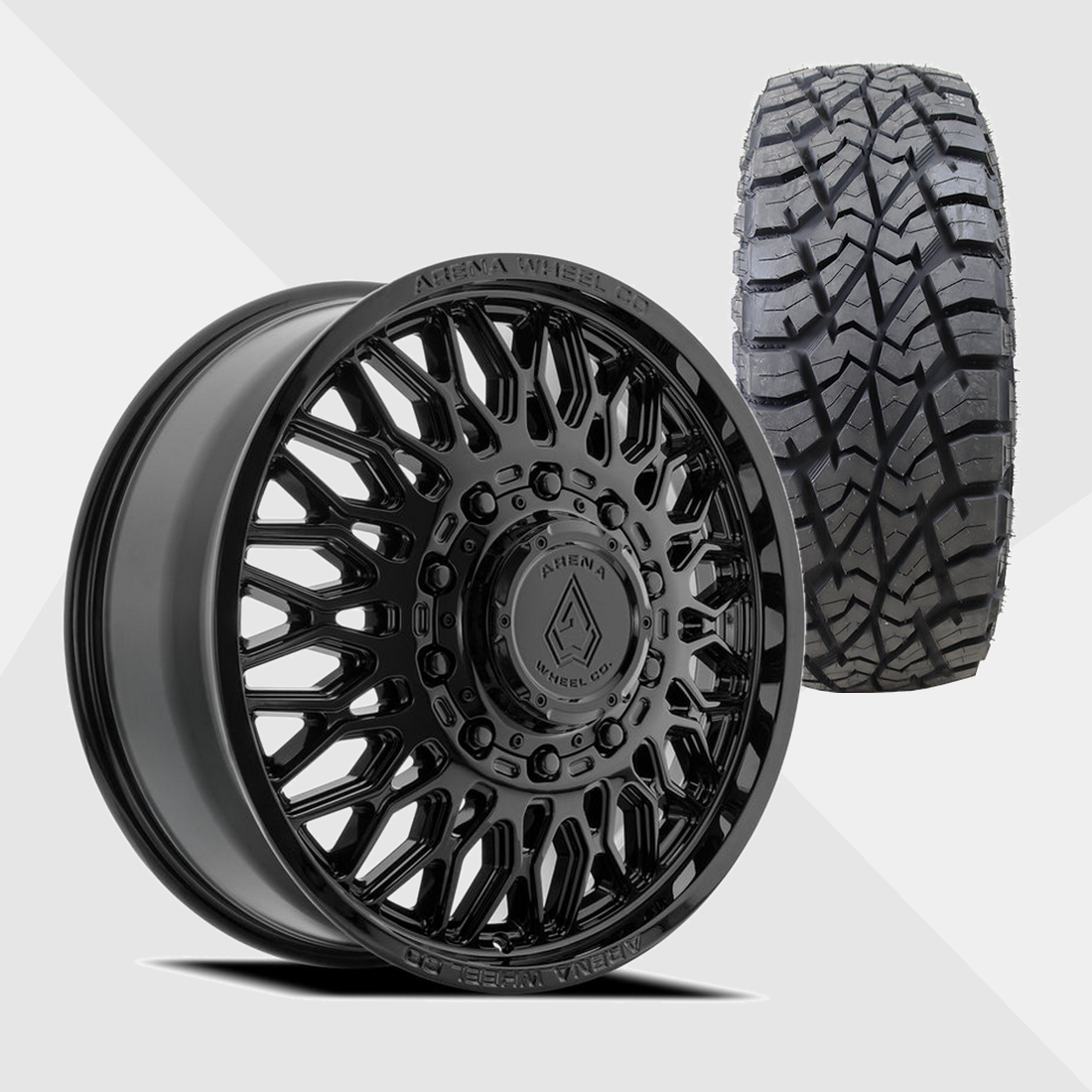 Arena A129 Valkyrie Gloss Black 24x8.25 8x210 with AMP Tires Terrain Attack R/T 35x13.50R24 Dually Package