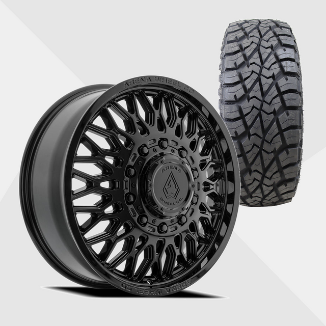 Arena A129 Valkyrie Gloss Black 24x8.25 8x210 with AMP Tires Terrain Attack R/T 35x13.50R24 Dually Package