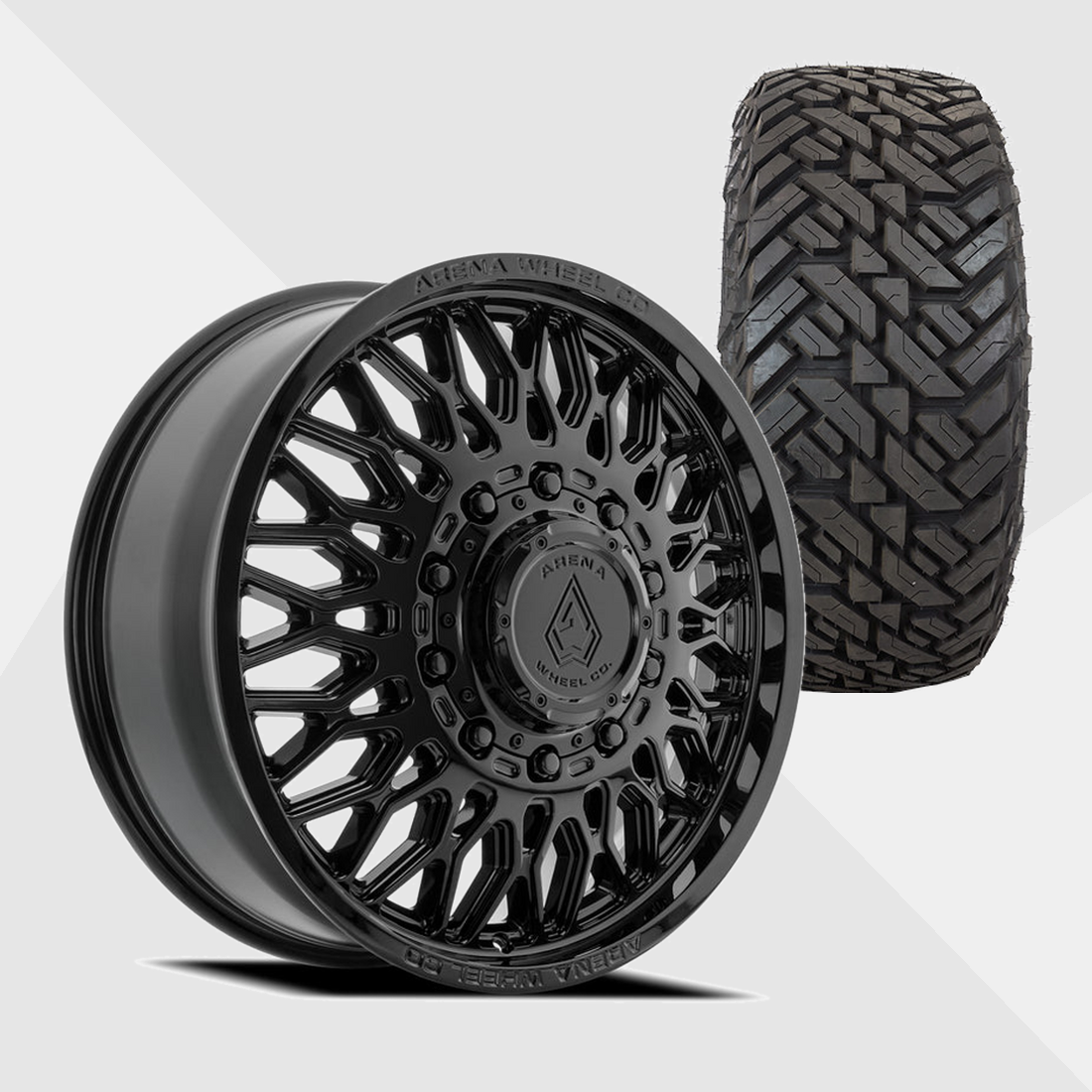 Arena A129 Valkyrie Gloss Black 24x8.25 10x225 with Fuel Tires Gripper M/T 37x13.50R24 Dually Package
