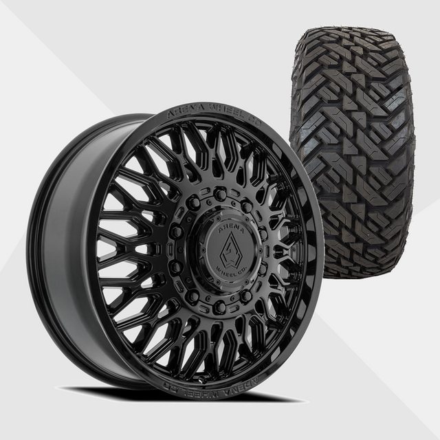 Arena A129 Valkyrie Gloss Black 24x8.25 8x200 with Fuel Tires Gripper M/T 37x13.50R24 Dually Package