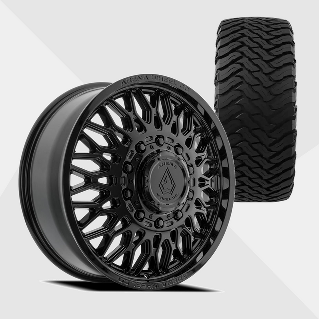 Arena A129 Valkyrie Gloss Black 22x8.25 8x200 with Ironman Tires All Country M/T-X 37x13.50R22 Dually Package
