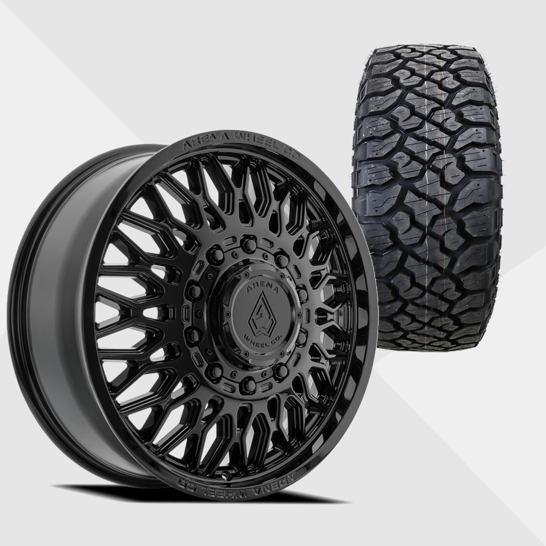 Arena A129 Valkyrie Gloss Black 24x8.25 10x225 with Kenda Tires Klever R/T 35x12.50R24 Dually Package