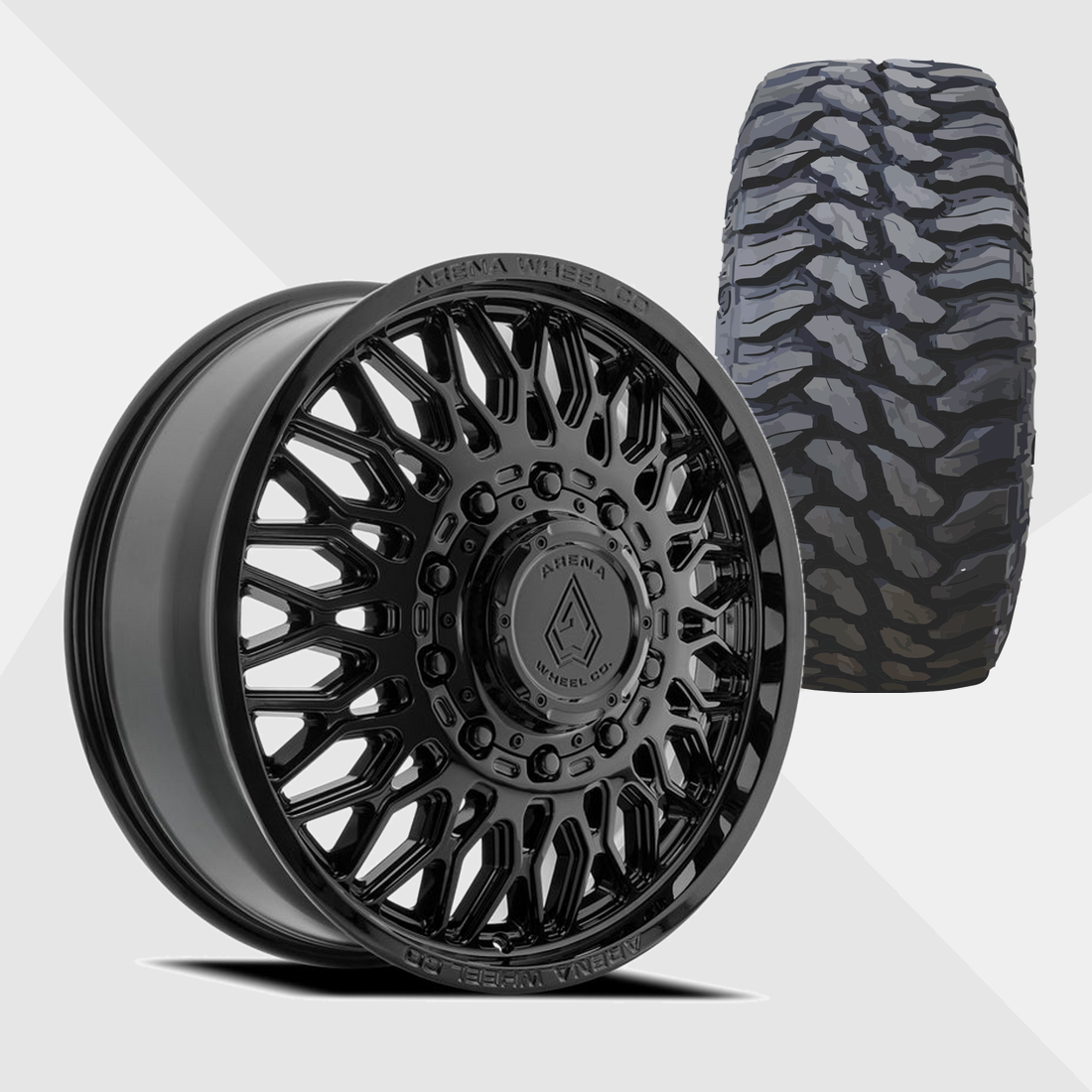 Arena A129 Valkyrie Gloss Black 22x8.25 8x210 with TIS Tires TIS Offroad TT1 M/T 33x12.50R22 Dually Package
