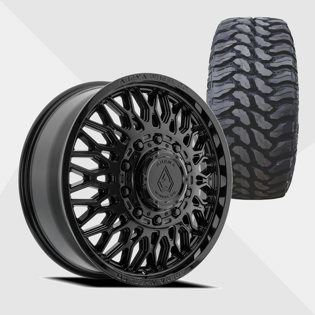 Arena A129 Valkyrie Gloss Black 22x8.25 8x210 with TIS Tires TIS Offroad TT1 M/T 33x12.50R22 Dually Package