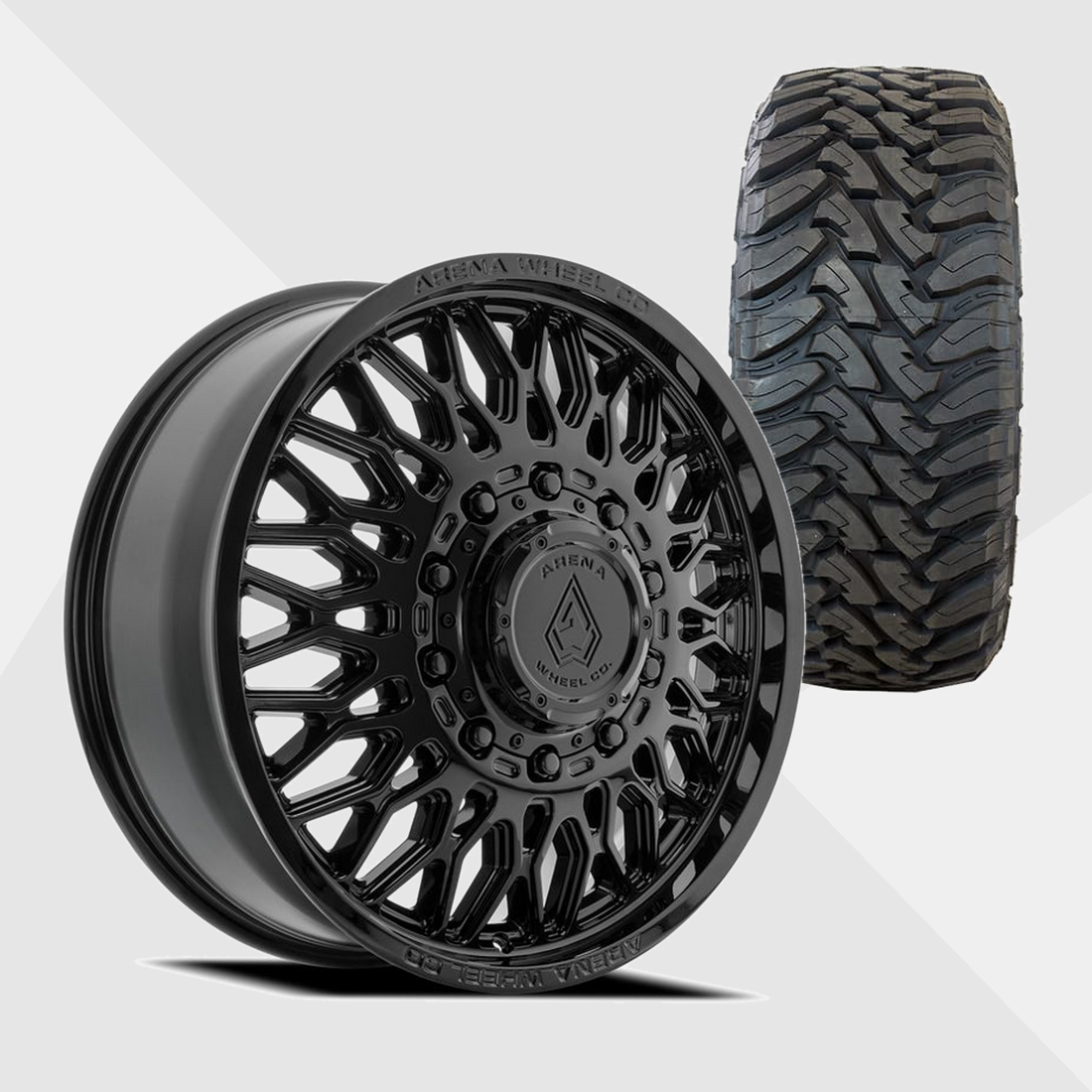 Arena A129 Valkyrie Gloss Black 22x8.25 10x225 with Toyo Tires Open Country M/T 33x12.50R22 Dually Package