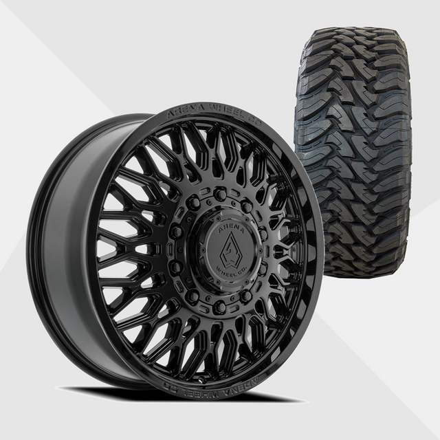 Arena A129 Valkyrie Gloss Black 22x8.25 10x225 with Toyo Tires Open Country M/T 33x12.50R22 Dually Package