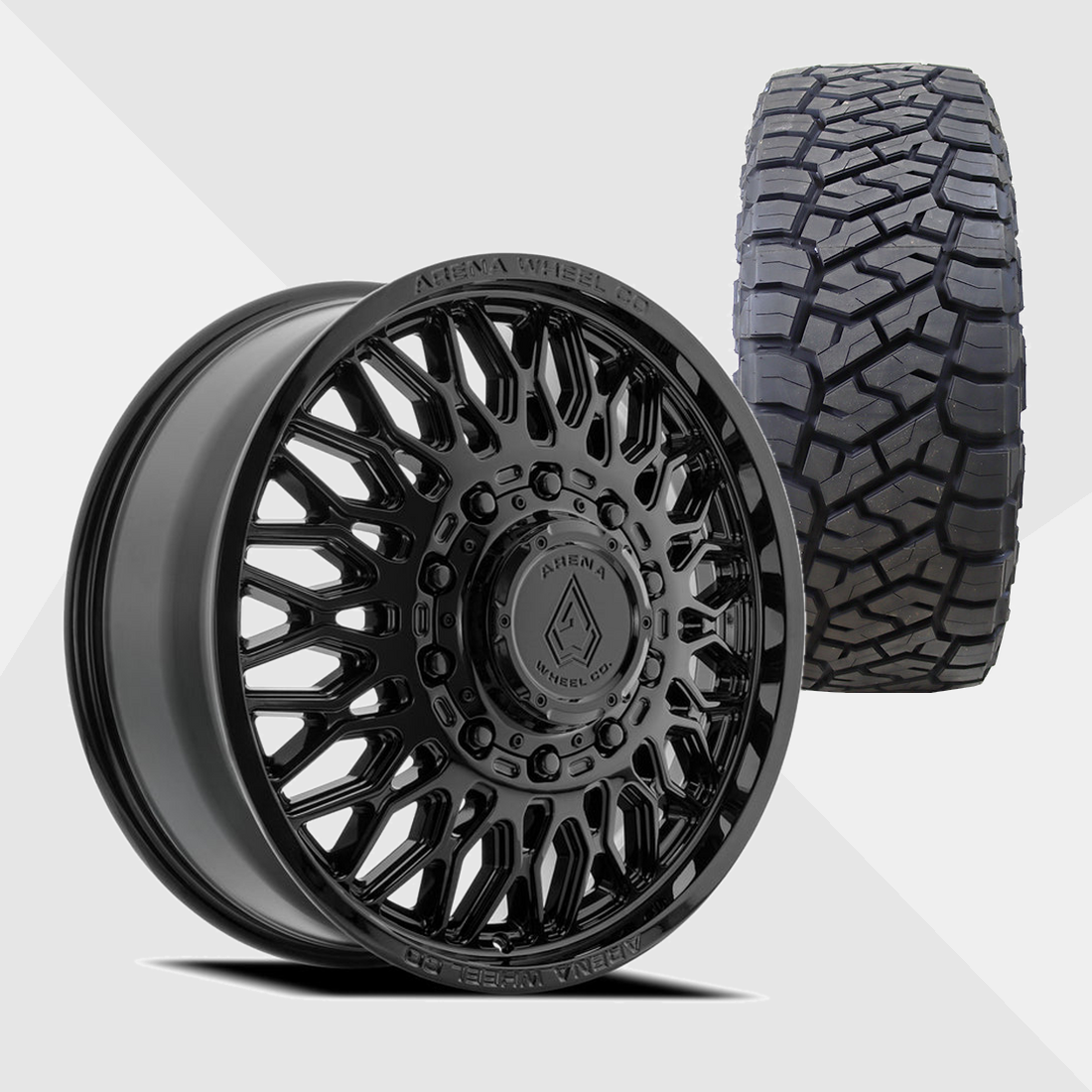 Arena A129 Valkyrie Gloss Black 22x8.25 10x225 with Toyo Tires Open Country R/T Trail 35x12.50R22 Dually Package