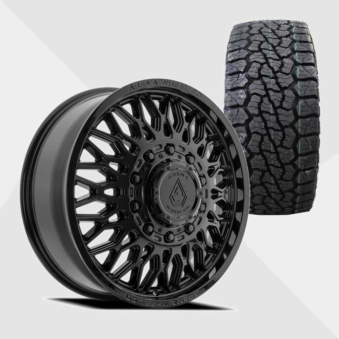 Arena A129 Valkyrie Gloss Black 22x8.25 10x225 with Venom Power Tires Swampthing A/T 35x12.50R22 Dually Package