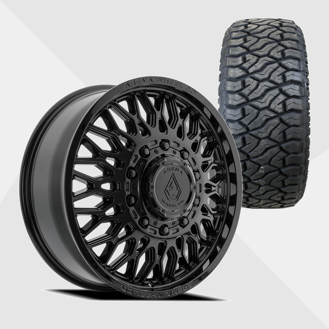 Arena A129 Valkyrie Gloss Black 24x8.25 10x225 with Venom Power Tires Terra Hunter R/T Plus 35x12.50R24 Dually Package