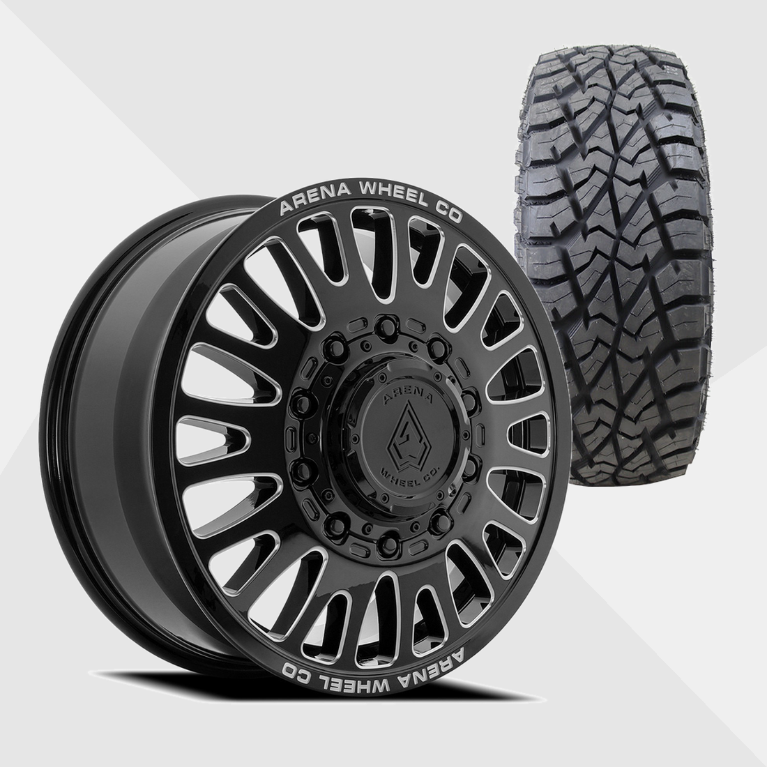 Arena A136 Sultan Gloss Black Milled 24x8.25 10x225 with AMP Tires Terrain Attack R/T 37x13.50R24 Dually Package