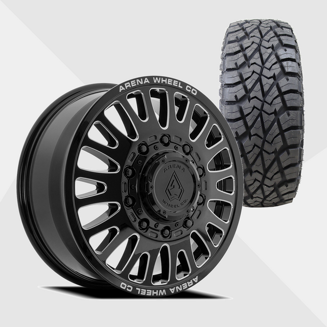 Arena A136 Sultan Gloss Black Milled 24x8.25 10x225 with AMP Tires Terrain Attack R/T 37x13.50R24 Dually Package