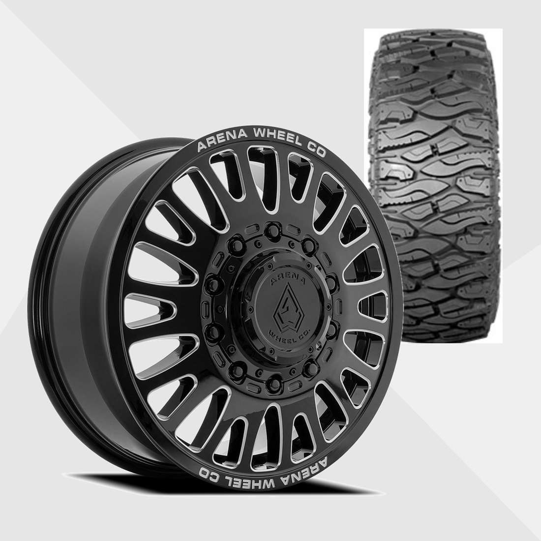 Arena A136 Sultan Gloss Black Milled 24x8.25 8x200 with Atturo Tires Trail Blade Boss M/T 38x13.50R24 Dually Package