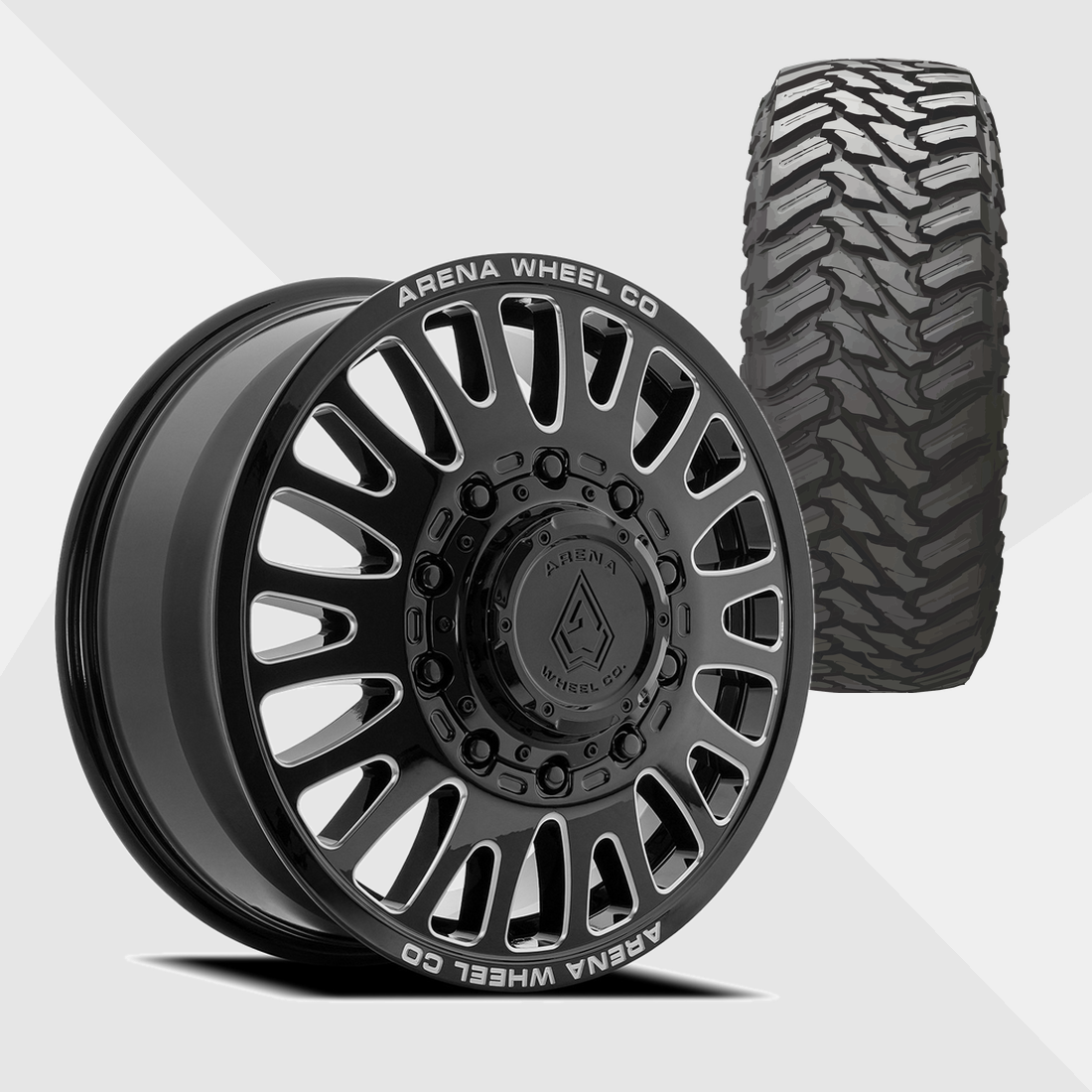 Arena A136 Sultan Gloss Black Milled 22x8.25 8x210 with Atturo Tires Trail Blade M/T 33x12.50R22 Dually Package