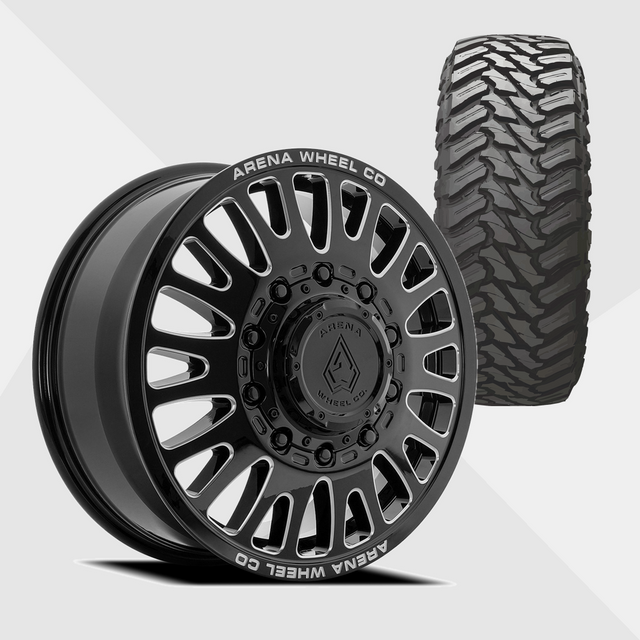 Arena A136 Sultan Gloss Black Milled 22x8.25 8x210 with Atturo Tires Trail Blade M/T 33x12.50R22 Dually Package