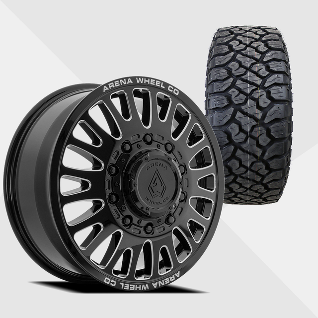 Arena A136 Sultan Gloss Black Milled 24x8.25 8x200 with Kenda Tires Klever R/T 35x12.50R24 Dually Package