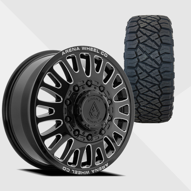 Arena A136 Sultan Gloss Black Milled 22x8.25 8x200 with Nitto Tires Ridge Grappler 285/55R22 Dually Package