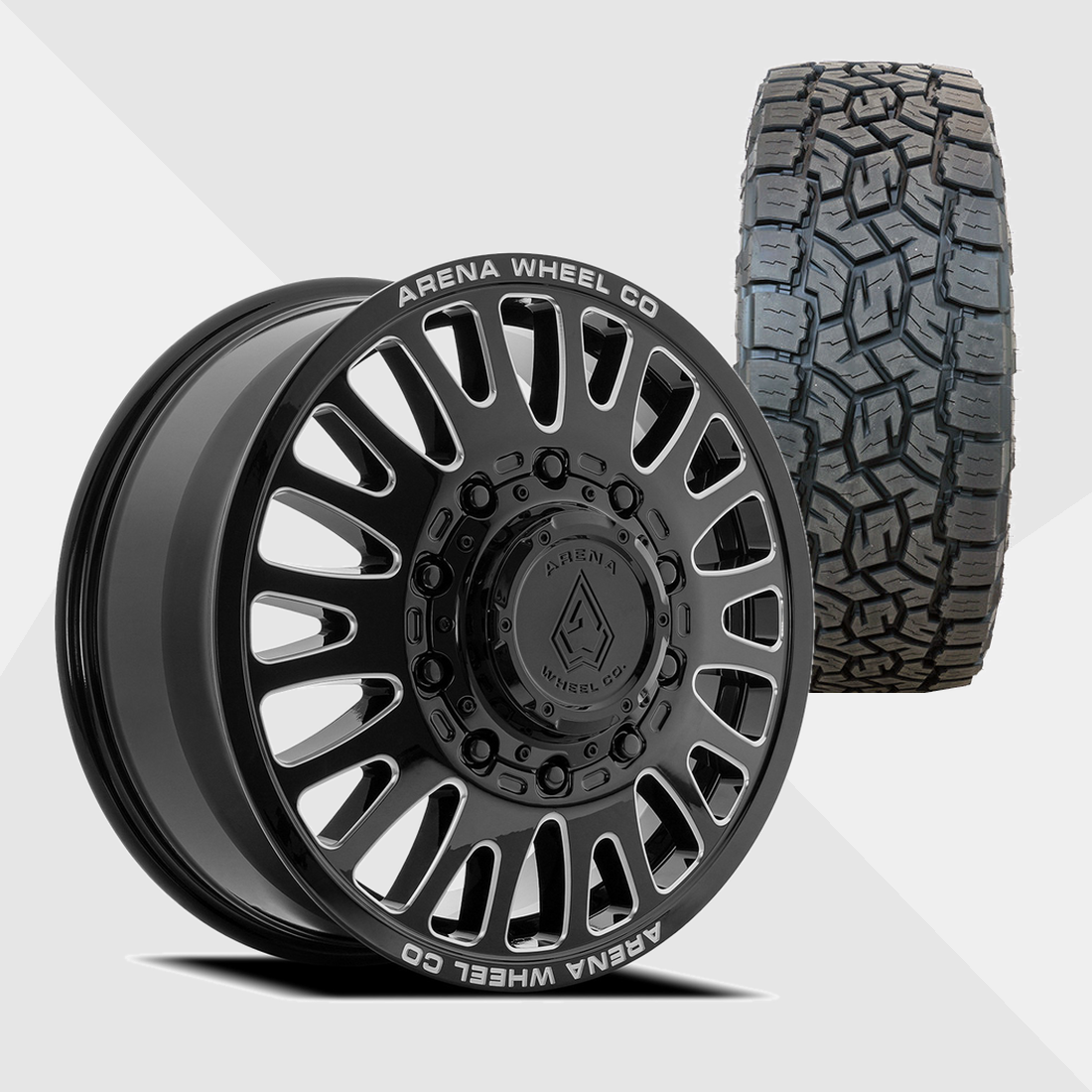 Arena A136 Sultan Gloss Black Milled 22x8.25 8x210 with Toyo Tires Open Country A/T III 35x12.50R22 Dually Package