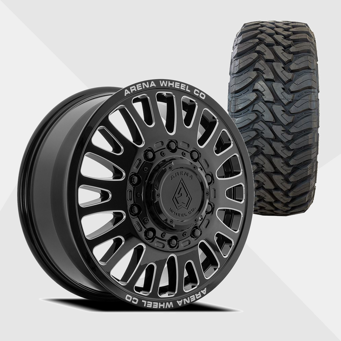 Arena A136 Sultan Gloss Black Milled 24x8.25 10x225 with Toyo Tires Open Country M/T 37x13.50R24 Dually Package
