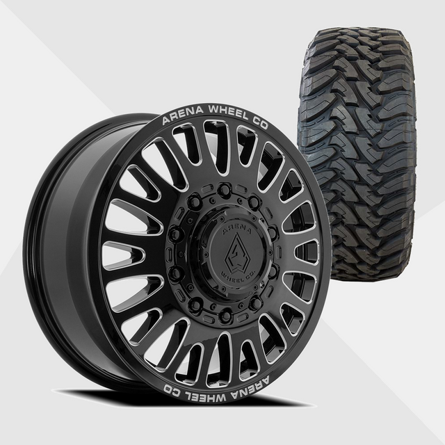 Arena A136 Sultan Gloss Black Milled 24x8.25 10x225 with Toyo Tires Open Country M/T 37x13.50R24 Dually Package