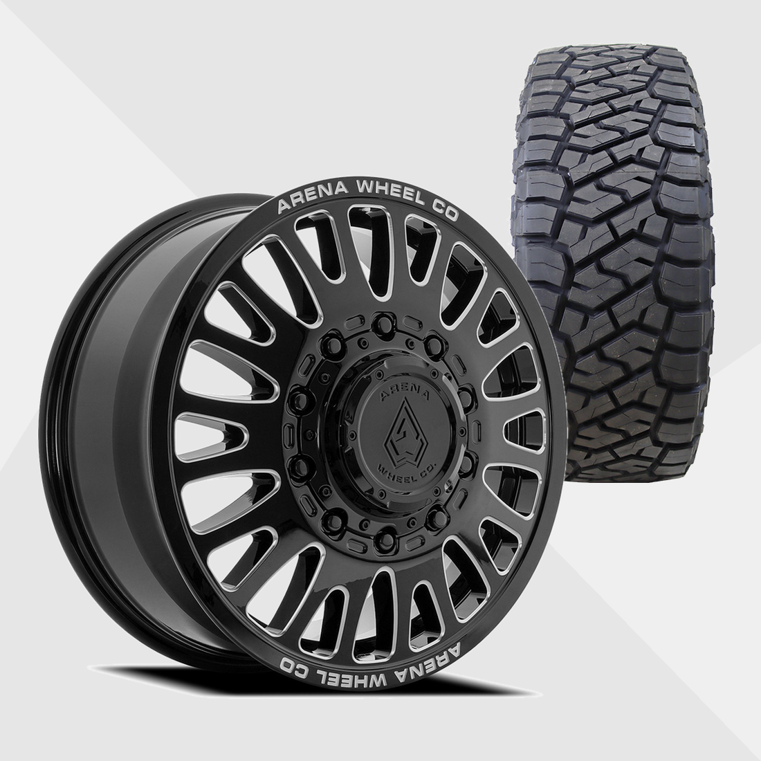 Arena A136 Sultan Gloss Black Milled 22x8.25 8x200 with Toyo Tires Open Country R/T Trail 285/55R22 Dually Package