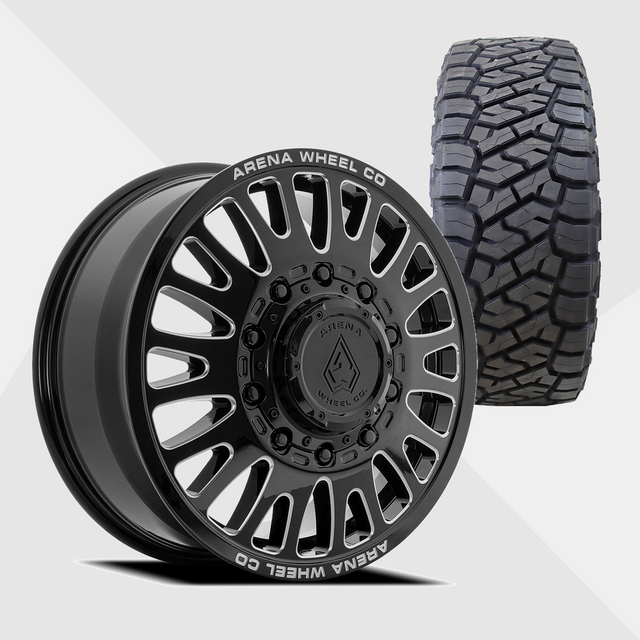 Arena A136 Sultan Gloss Black Milled 22x8.25 8x200 with Toyo Tires Open Country R/T Trail 285/55R22 Dually Package
