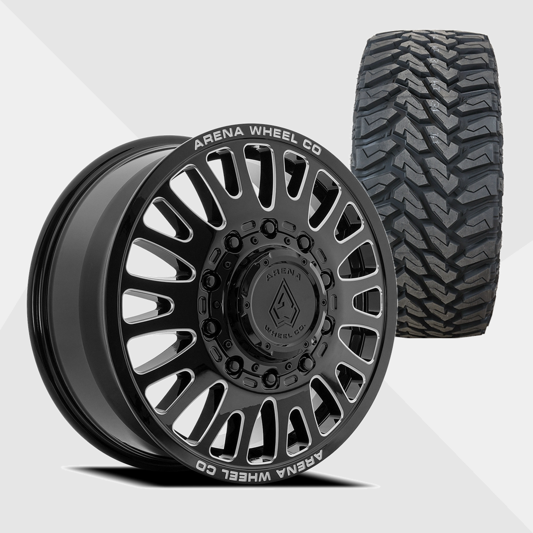 Arena A136 Sultan Gloss Black Milled 24x8.25 10x225 with Venom Power Tires Terra Hunter M/T 35x13.50R24 Dually Package