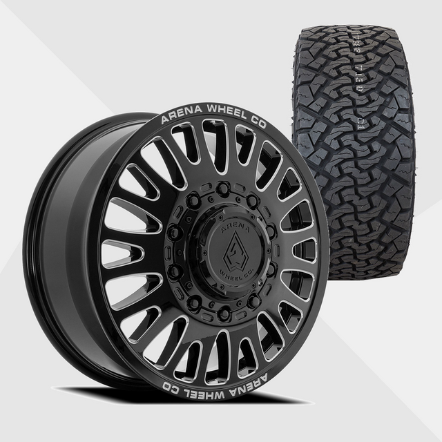 Arena A136 Sultan Gloss Black Milled 24x8.25 8x200 with Venom Power Tires Terra Hunter X/T 37x13.50R24 Dually Package