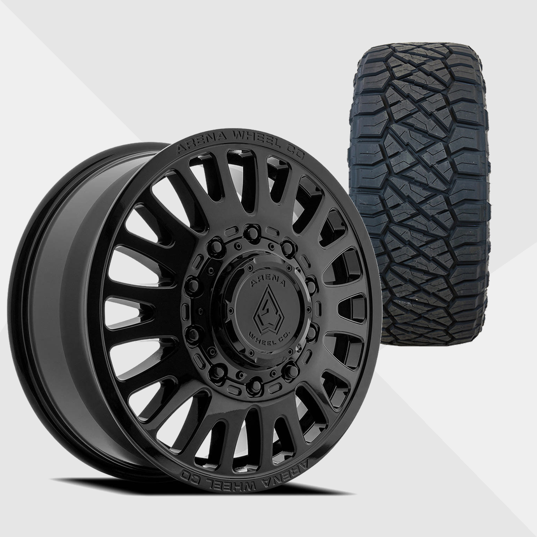 Arena A136 Sultan Gloss Black 22x8.25 10x225 with Nitto Tires Ridge Grappler 285/55R22 Dually Package