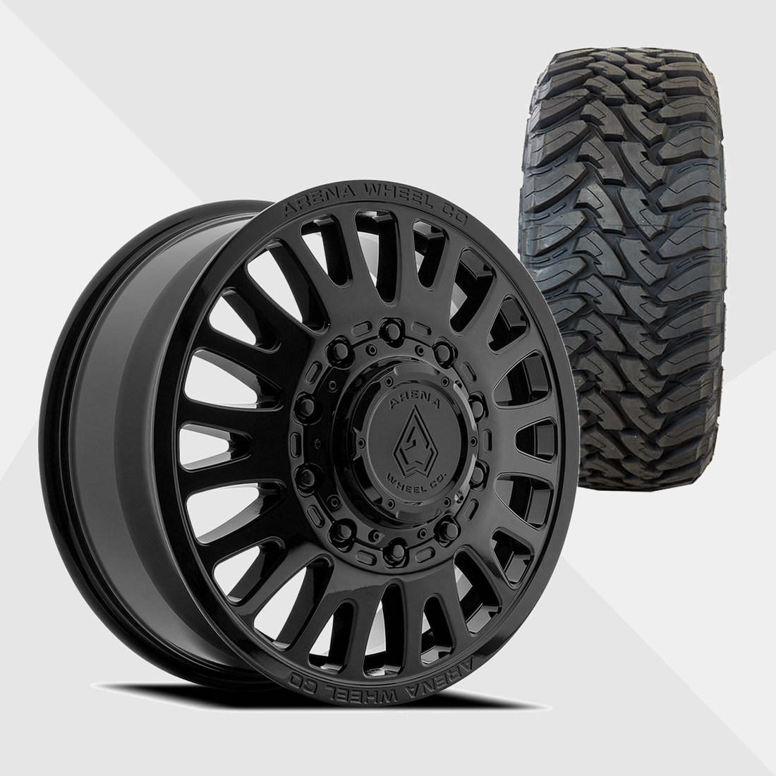 Arena A136 Sultan Gloss Black 24x8.25 8x200 with Toyo Tires Open Country M/T 37x13.50R24 Dually Package