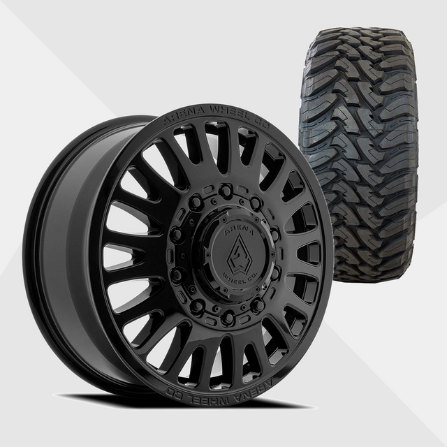 Arena A136 Sultan Gloss Black 24x8.25 8x200 with Toyo Tires Open Country M/T 37x13.50R24 Dually Package