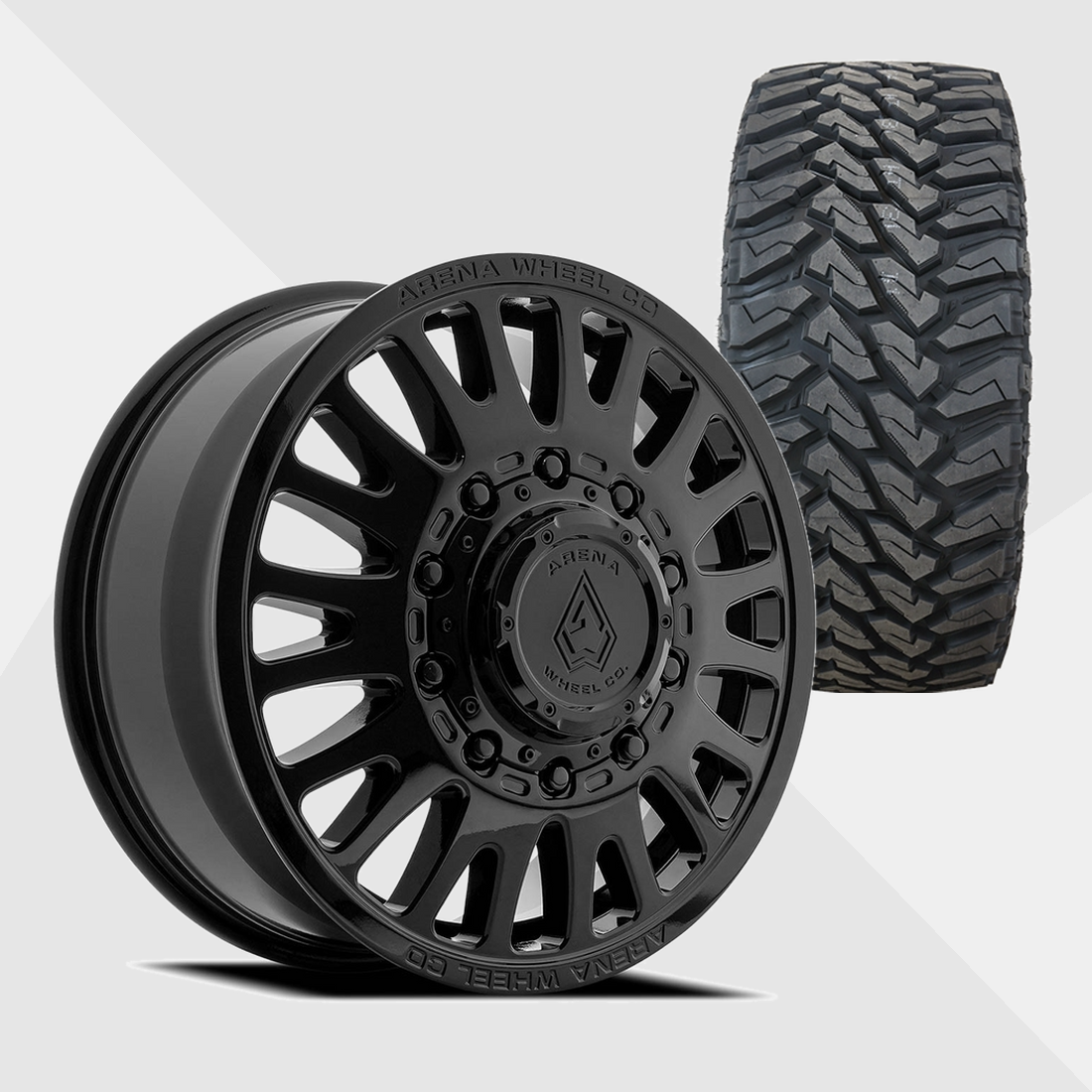 Arena A136 Sultan Gloss Black 22x8.25 8x210 with Venom Power Tires Terra Hunter M/T 33x12.50R22 Dually Package