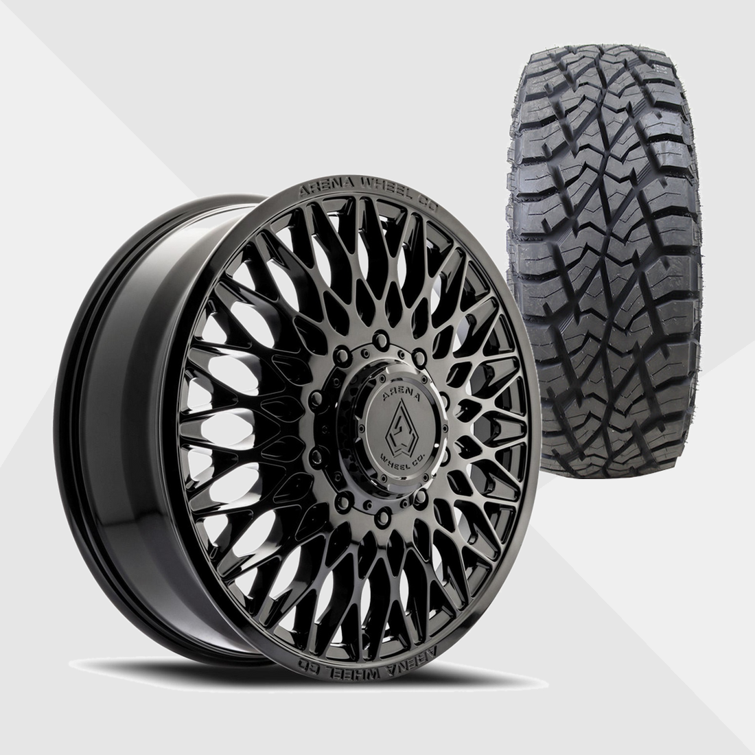 Arena A146 Paragon Gloss Black 24x8.25 8x210 with AMP Tires Terrain Attack R/T 35x13.50R24 Dually Package