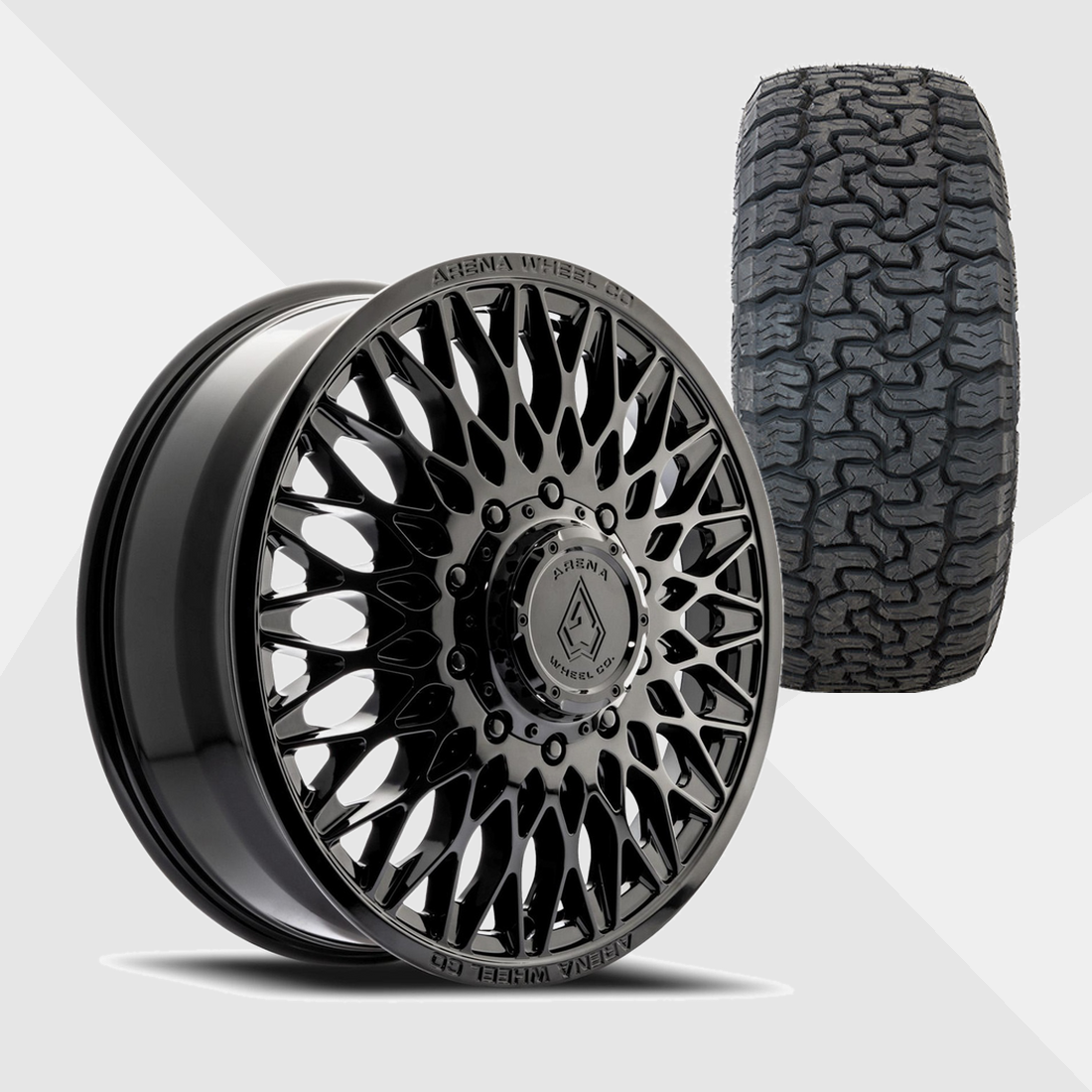 Arena A146 Paragon Gloss Black 24x8.25 8x200 with AMP Tires Terrain Pro A/T 35x12.50R24 Dually Package