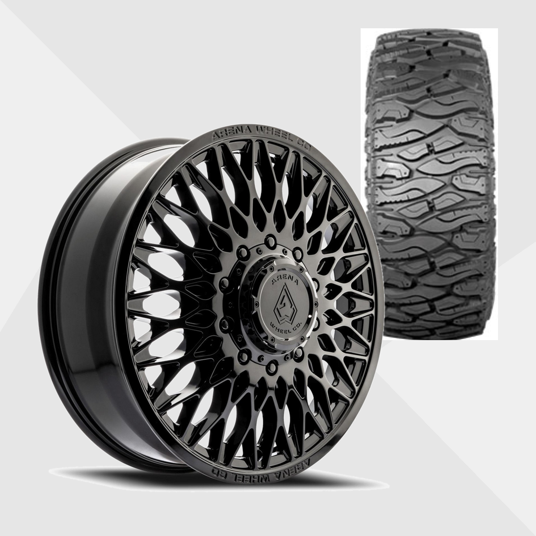 Arena A146 Paragon Gloss Black 24x8.25 8x200 with Atturo Tires Trail Blade Boss M/T 38x13.50R24 Dually Package