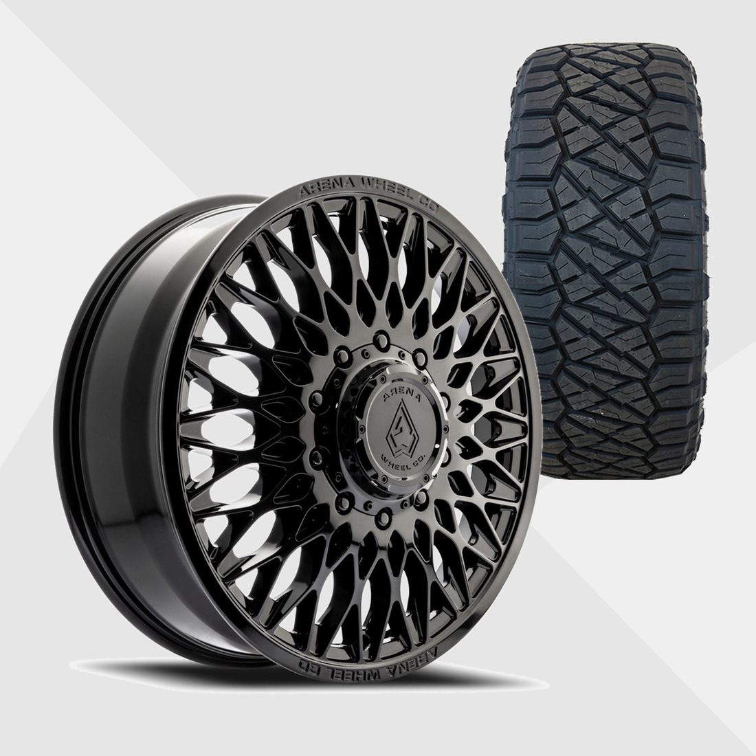 Arena A146 Paragon Gloss Black 24x8.25 8x200 with Nitto Tires Ridge Grappler 315/50R24 Dually Package