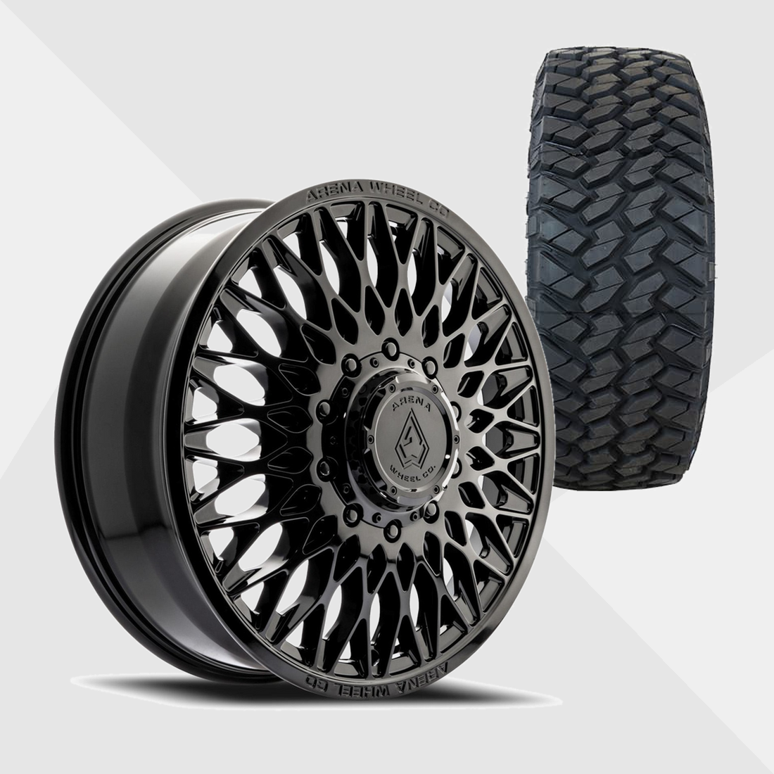 Arena A146 Paragon Gloss Black 24x8.25 10x225 with Nitto Tires Trail Grappler M/T 38x13.50R24 Dually Package