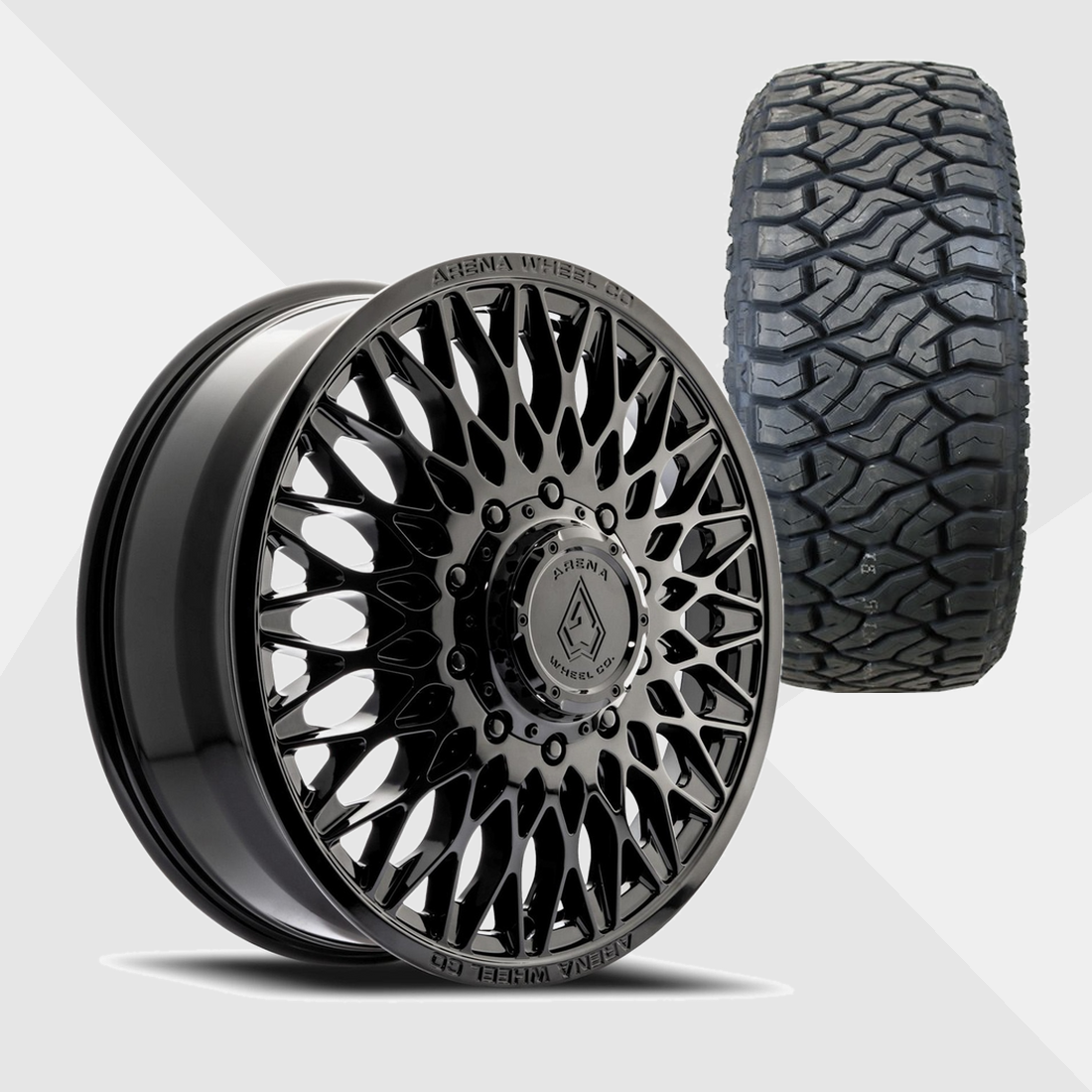 Arena A146 Paragon Gloss Black 24x8.25 8x210 with Venom Power Tires Terra Hunter R/T Plus 37x13.50R24 Dually Package